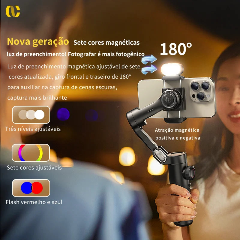 Estabilizador Gimbal 3- eixo Bluetooth Tripé portátil para celular com luz Ative rastreamento facial Android e iPhone