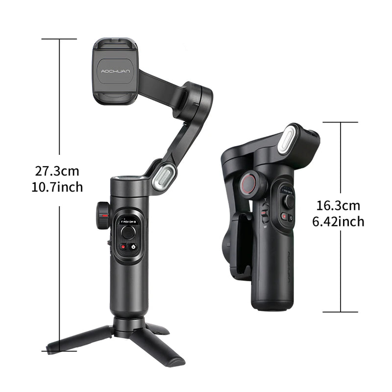 Estabilizador Gimbal 3- eixo Bluetooth Tripé portátil para celular com luz Ative rastreamento facial Android e iPhone