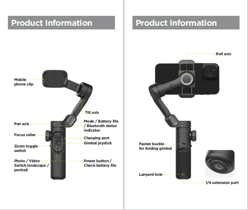 Estabilizador Gimbal 3- eixo Bluetooth Tripé portátil para celular com luz Ative rastreamento facial Android e iPhone