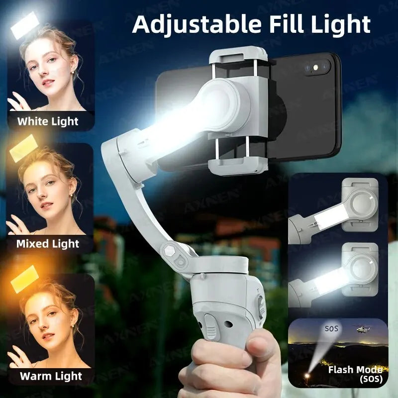 Estabilizador Gimbal 3- Eixo Tripé portátil para celular com luz rastreamento sensor facial Android iPhone