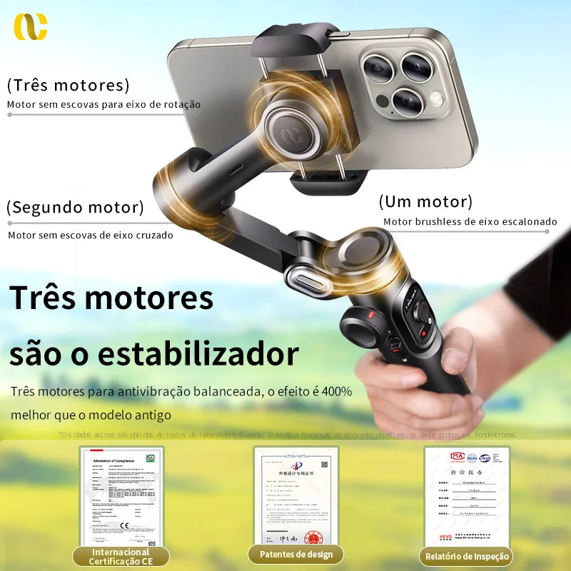 Estabilizador Gimbal 3- eixo Bluetooth Tripé portátil para celular com luz Ative rastreamento facial Android e iPhone