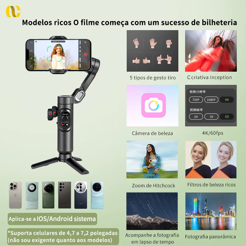 Estabilizador Gimbal 3- eixo Bluetooth Tripé portátil para celular com luz Ative rastreamento facial Android e iPhone